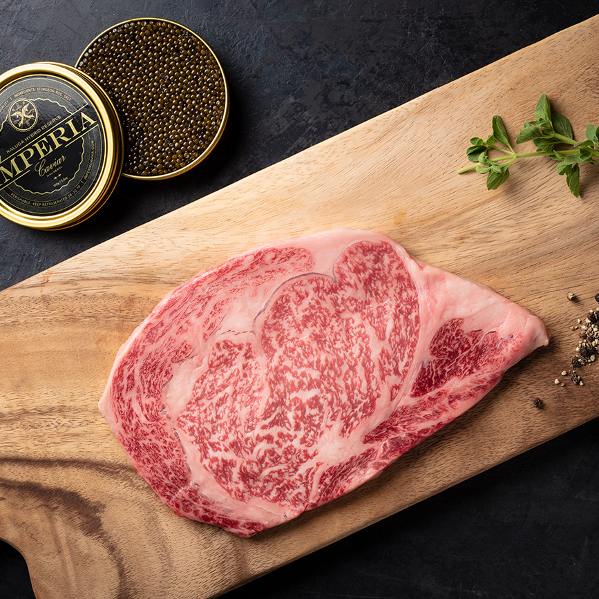 Wagyu Beef Ribeye and Caviar on Wood