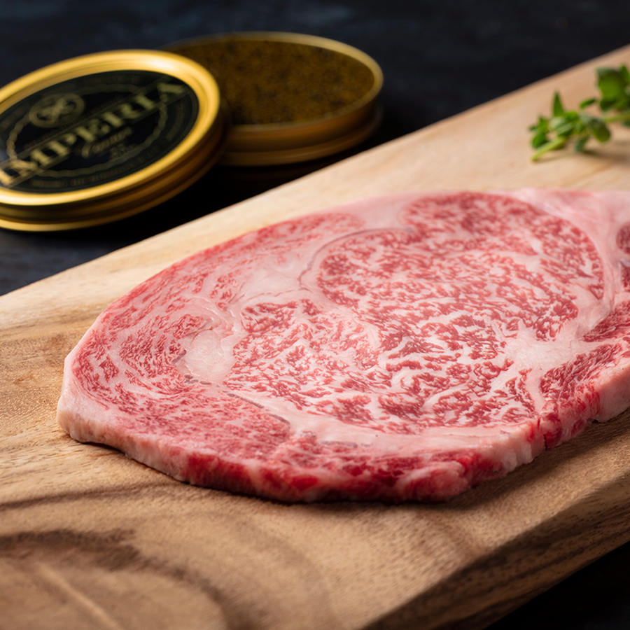 Wagyu ribeye steak and tin of caviar